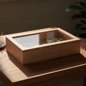 May include: A rectangular wooden storage box with a clear glass lid, featuring a light brown wood grain finish. The box contains various pieces of jewelry visible through the transparent top, showcasing a simple, functional design for organization.