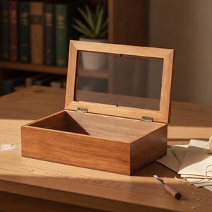 May include: A rectangular wooden box with a hinged lid featuring a clear glass panel. The box is constructed from medium-toned wood with visible grain patterns and has metal hinges connecting the lid to the base, creating an open storage container.