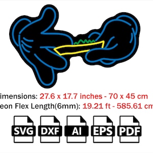 Puede incluir: Un diseño de letrero de neón con manos enguantadas estilo caricatura en negro sosteniendo un objeto amarillo y verde. Las dimensiones son 70 x 45 cm con una longitud de neón flexible de 585,61 cm. Formatos SVG, DXF, AI, EPS y PDF incluidos.