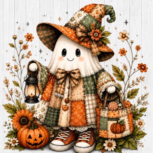 Könnte beinhalten: Eine Geisterfigur mit einem Patchwork-Hut und Kleid in Orange-, Grün- und Cremetönen, verziert mit einer Schleife, einem herzförmigen Knopf und orangefarbenen Turnschuhen. Der Geist hält eine schwarze Laterne und einen passenden Korb neben einem Kürbis.