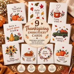 May include: A collection of nine white greeting cards featuring embroidered autumn designs including pumpkins, sunflowers, a truck, and a slice of pie. Each card displays seasonal text like So Thankful for You, Hello Fall, and Cozy Vibes.