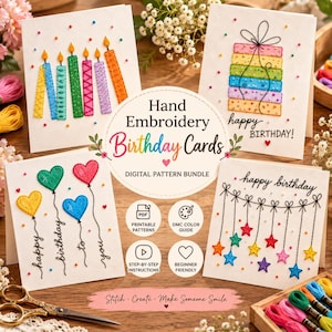 Può includere: Quattro biglietti d'auguri bianchi con disegni ricamati a mano, tra cui candeline di compleanno colorate, un regalo impilato, palloncini a forma di cuore e stelle pendenti con il testo Hand Embroidery Birthday Cards.