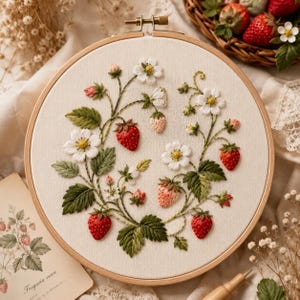 以下が含まれることがあります： 刺繍枠にはめ込まれたクリーム色の布地に、イチゴの植物を手刺繍で施したデザイン。鮮やかな赤いイチゴ、黄色い中心部を持つ繊細な白い花、そして緑色の葉が刺繍されています。
