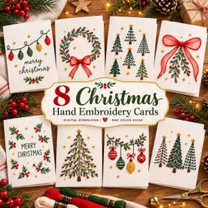 Op de afbeelding: Acht witte wenskaarten met handgeborduurde ontwerpen van kerstbomen, kransen, ornamenten en hulst. De kaarten tonen feestelijke motieven in rood, groen en goudkleurig garen, met de tekst 8 Christmas Hand Embroidery Cards.