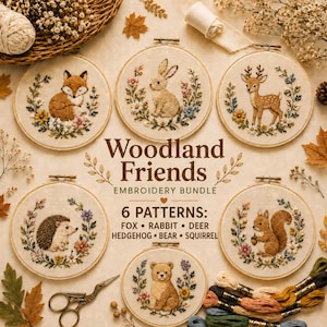 Puede incluir: Un conjunto de bordado Woodland Friends con 6 patrones: zorro, conejo, ciervo, erizo, oso y ardilla. El set incluye bastidores de bordado circulares con diseños de animales cosidos rodeados de coronas florales y hilos de bordar.