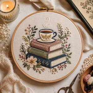 Könnte beinhalten: Ein runder Stickrahmen mit einem handgestickten Motiv auf cremefarbenem Stoff. Die Stickerei zeigt einen Stapel aus drei Büchern in Violett, Grün und Blau, gekrönt von einer Teetasse, umgeben von zarten floralen Zweigen und kleinen Blüten.