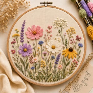 Può includere: Un telaio da ricamo circolare in legno contenente un pannello in tessuto con un dettagliato motivo floreale cucito a mano. Il ricamo presenta vari fiori di campo nelle tonalità del rosa, viola, giallo, bianco e blu, con steli verdi.