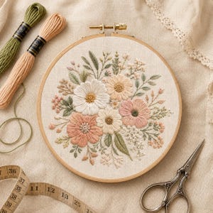 May include: A circular wooden embroidery hoop containing a fabric panel with a hand-stitched floral bouquet in shades of white, peach, and sage green. Two skeins of embroidery floss in olive and peach, a pair of metal scissors, and a measuring tape.