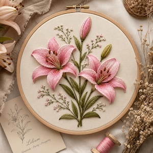 Könnte beinhalten: Ein runder Stickrahmen aus Holz mit einem Stoffeinsatz, der ein handgesticktes Motiv aus zwei blühenden rosa Lilien, einer geschlossenen Knospe und kleinen weißen Blüten zeigt. Die Stickerei hat grüne Stängel und Blätter auf cremefarbenem Grund.