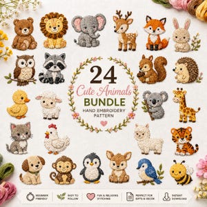 Peut inclure: Une collection numérique de 24 modèles de broderie à la main représentant divers animaux, dont un ours, un lion, un éléphant, un cerf, un renard, un lapin, un hibou, un raton laveur, un écureuil, un hérisson, un canard, un mouton, un chat et une abeille.
