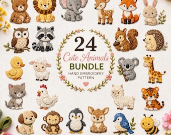 Puede incluir: Una colección digital de 24 patrones de bordado a mano con varios animales, incluyendo un oso, león, elefante, ciervo, zorro, conejo, búho, mapache, ardilla, erizo, pato, oveja, gato, pollo, koala, jirafa, llama, tigre, perro, mono, pingüino y abeja.