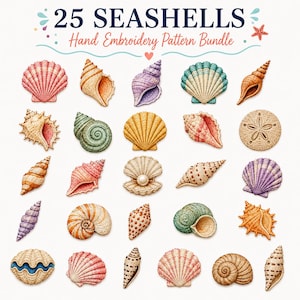 Puede incluir: Una colección digital de 25 conchas marinas para patrones de bordado a mano, con diversas especies en tonos rosa, morado, turquesa, naranja y bronceado. El texto 25 SEASHELLS Hand Embroidery Pattern Bundle aparece en la parte superior.