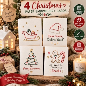 Puede incluir: Cuatro tarjetas de papel blanco con bordados de temática navideña que incluyen un trineo rojo con regalos, un gorro de Papá Noel con el texto Dear Santa Define Good, un árbol de Navidad verde y un hombre de jengibre con el texto All I Want for Christmas Is Snacks.