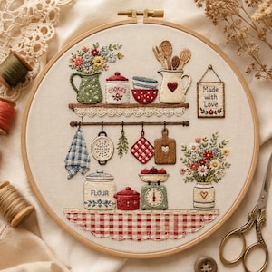 May include: An embroidery hoop featuring a kitchen scene with two shelves. The top shelf holds a green pitcher with flowers, a cookie jar, bowls, a utensil crock, and a sign reading Made with Love. The bottom shelf has a flour jar, a red pot, a scale, and a flower vase.