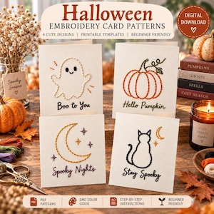 May include: Four white greeting cards featuring Halloween embroidery designs: a ghost with the text Boo to You, a pumpkin with Hello Pumpkin, a crescent moon with Spooky Nights, and a cat with Stay Spooky. These are printable digital download patterns.