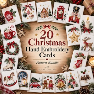 Puede incluir: Una colección de 20 tarjetas de bordado a mano navideñas con varios diseños festivos que incluyen un cascanueces, una casa de jengibre, un reno y adornos. El texto central dice 20 Christmas Hand Embroidery Cards Pattern Bundle.