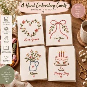 Könnte beinhalten: Vier weiße Grußkarten mit Handstickereien: ein Blumenherz mit dem Text Love Grows, eine Schleife mit Blumen und For You, ein Krug mit Blumen und Bloom sowie eine Torte mit Kerzen und Happy Day, ergänzt durch Symbole für digitale Vorlagen.