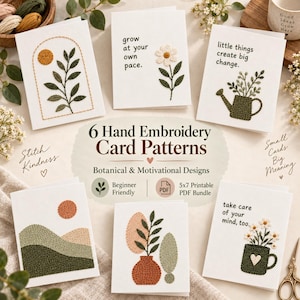 Puede incluir: Seis tarjetas de felicitación blancas con patrones de bordado a mano con diseños botánicos y motivacionales. Las tarjetas muestran ilustraciones bordadas de plantas, flores, paisajes y textos como "grow at your own pace" y "little things create big change."