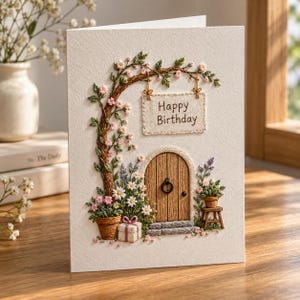 Broderimönster för grattis på födelsedagen-kort i PDF-format, mall för pappersbroderi med blommig trädgårdsdörr, gratulationskort, gör-det-själv-present, nybörjarvänlig