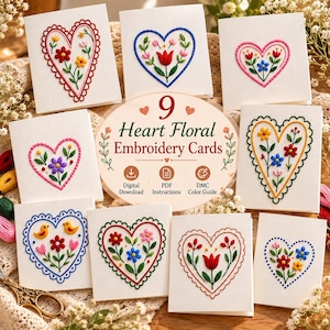 9 mönster för broderikort med hjärtmönster och blommor, nybörjarvänligt digitalt paket
