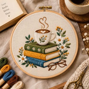 May include: A circular embroidery hoop containing a fabric panel with a stitched design of a white coffee cup with heart-shaped steam, resting on a stack of three books in green, yellow, and blue, surrounded by white daisies and brown glasses.