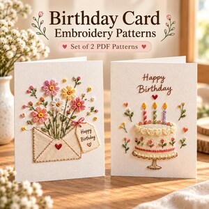 Patrones de bordado para tarjetas de cumpleaños para principiantes, sobre floral y pastel (PDF)