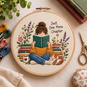 Girl Reading with Cat Embroidery Pattern, Just One More Chapter Floral Hoop Design, Book Lover Cottagecore PDF for Beginners