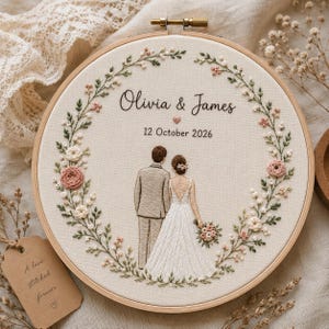 Pode incluir: Um bastidor de bordado circular com uma cena de casamento costurada à mão de um casal de terno e vestido, rodeado por uma coroa de flores. O texto diz Olivia & James e 12 de outubro de 2026, com um pequeno coração centrado entre os nomes.