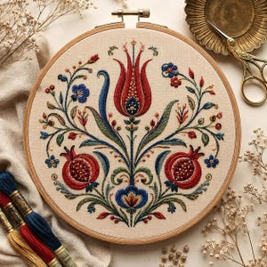 Könnte beinhalten: Ein runder Stickrahmen aus Holz mit einem Stoffeinsatz, der ein handgesticktes Motiv zeigt. Die Stickerei besteht aus einer zentralen roten Tulpe, zwei roten Granatäpfeln und blauen Blumen mit grünen Blättern und Stielen in symmetrischer Anordnung.