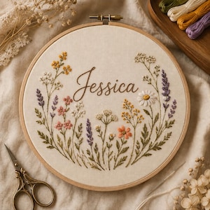 May include: A round wooden embroidery hoop containing off-white fabric with the name Jessica stitched in brown cursive thread. The name is surrounded by a colorful embroidered wreath of wildflowers in shades of yellow, pink, white, and purple.