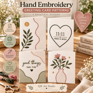 May include: Four white greeting cards featuring hand embroidery patterns including a leafy branch, a heart with 11:11 text, the phrase good things take time, and a vase of flowers. Includes digital download and print at home icons.