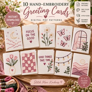 Peut inclure: Un ensemble de 10 modèles numériques PDF de cartes de vœux brodées à la main, incluant des motifs de lune, fleurs, papillons, fenêtre, tulipes, damier, guirlandes lumineuses et paysages avec le texte Focus on the Good.