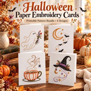 May include: Four white greeting cards featuring Halloween paper embroidery designs. The cards display a ghost with flowers, a crescent moon with bats, a coffee cup with a spider web, and a witch hat with stars. Text reads Halloween Paper Embroidery Cards.