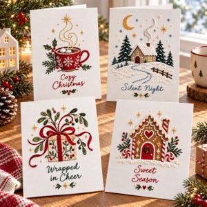 Può includere: Quattro biglietti d'auguri bianchi con disegni natalizi ricamati. Uno mostra una tazza rossa con il testo Cozy Christmas, un altro una baita innevata con Silent Night, un terzo un regalo con Wrapped in Cheer e l'ultimo una casa di pan di zenzero con Sweet Season.