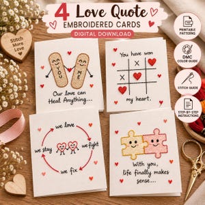 Könnte beinhalten: Vier weiße Grußkarten mit gestickten Motiven und Text. Eine Karte zeigt zwei Pflaster mit Gesichtern und den Text Our love can Heal Anything. Eine andere zeigt ein Tic-Tac-Toe-Spiel mit Herzen und den Text You have won my heart.