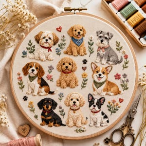 Puede incluir: Un bastidor de bordado redondo de madera con un diseño detallado de nueve razas de perros diferentes sentadas entre pequeñas flores, corazones y huellas bordadas sobre una tela beige claro, junto a un organizador de hilos de madera.