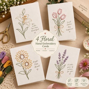 4 blommiga handbroderikortmönster – Lilja, tulpan, solros och lavendel DIY-hälsningskort PDF