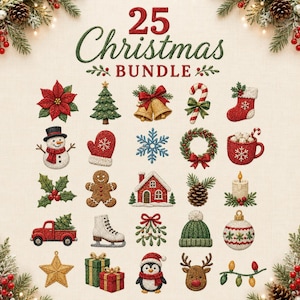 Puede incluir: Una colección digital titulada 25 Christmas Bundle que presenta veinticinco iconos de estilo bordado, incluyendo una flor de pascua, un árbol de Navidad, campanas, un bastón de caramelo, un calcetín, un muñeco de nieve, un guante, un copo de nieve, una corona, una taza de cacao, acebo, un hombre de jengibre, una casa, una piña, una vela, un camión, un patín, muérdago, un gorro, un adorno, una estrella, regalos, un pingüino, un reno y bombillas.