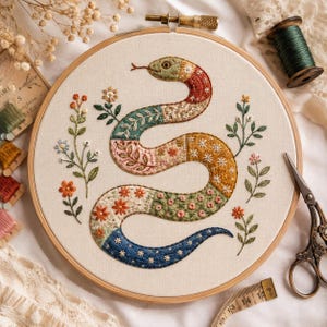 May include: An embroidery hoop containing a fabric panel with a stitched snake design. The snake features segmented patterns of floral motifs in red, green, pink, yellow, and blue. Small embroidered flower sprigs surround the snake on the cream fabric.