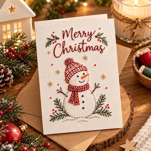 May include: A white greeting card featuring an embroidered snowman wearing a red knit hat and scarf. The text Merry Christmas is stitched in red above the snowman. Green pine branches with red berries and gold snowflakes surround the figure.