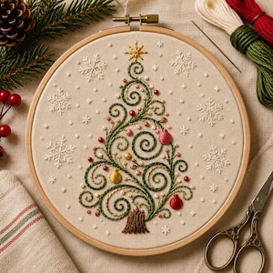 May include: A circular wooden embroidery hoop containing a beige fabric panel with a hand-stitched Christmas tree design. The tree features green swirling branches, small red, gold, and pink beads, and a gold star. White embroidered snowflakes surround it.