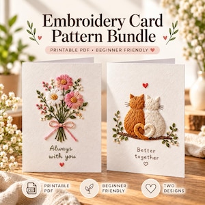 Può includere: Due biglietti d'auguri bianchi con disegni ricamati. Il biglietto a sinistra mostra un bouquet di fiori rosa e bianchi con il testo Always with you. Il biglietto a destra mostra due gatti seduti insieme su un ramo con il testo Better together.