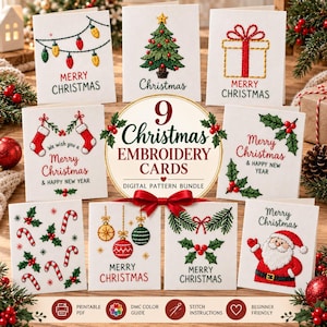 May include: A collection of nine white greeting cards featuring embroidered Christmas designs including a tree, gift, stockings, candy canes, ornaments, and Santa Claus, with the text 9 Christmas EMBROIDERY CARDS DIGITAL PATTERN BUNDLE.
