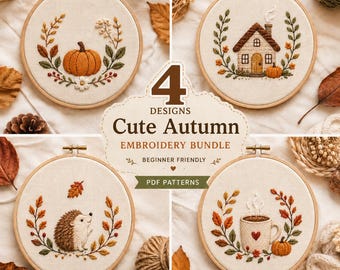 May include: Four circular embroidery hoops featuring autumn-themed designs: a pumpkin, a cottage, a hedgehog, and a mug of coffee, all surrounded by fall foliage. The central text reads 4 DESIGNS Cute Autumn EMBROIDERY BUNDLE PDF PATTERNS.