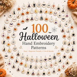 Könnte beinhalten: Eine Sammlung von 100 Halloween-Handstickmustern, die in einem kreisförmigen Layout angeordnet sind. Jeder kleine kreisförmige Rahmen zeigt ein einzigartiges saisonales Design, darunter Geister, Kürbisse, Fledermäuse, Totenköpfe und Kessel mit Nummerierung.