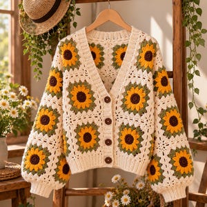May include: A long-sleeve crochet cardigan featuring a repeating sunflower motif in yellow, brown, and green on an off-white background. The garment has a V-neckline, a button-front closure with four brown buttons, and ribbed cuffs and hem.
