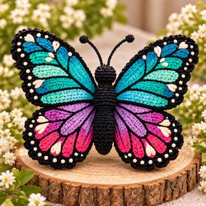 May include: A handcrafted crochet butterfly featuring a black body and antennae. The upper wings display a gradient of blue and teal, while the lower wings transition from purple to pink. Small white embroidered accents decorate the wing edges.