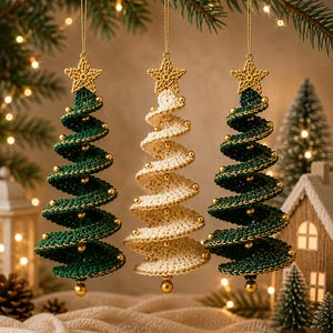 May include: Three hanging Christmas tree ornaments crafted from crochet yarn. Two trees are dark green and one is cream-coloured. Each spiral-shaped tree is topped with a gold crochet star and decorated with small gold beads along the edges.
