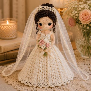 Può includere: Una bambola all'uncinetto vestita da sposa, con capelli castano scuro raccolti, un velo di pizzo bianco con perle e un abito color crema. La bambola tiene in mano un piccolo bouquet di fiori all'uncinetto rosa e bianchi con un nastro.