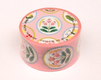 Pink Flower Emblem Washi Tape, Floral Pattern Washi Tape, 25mm Pink Decorative Washi Tape